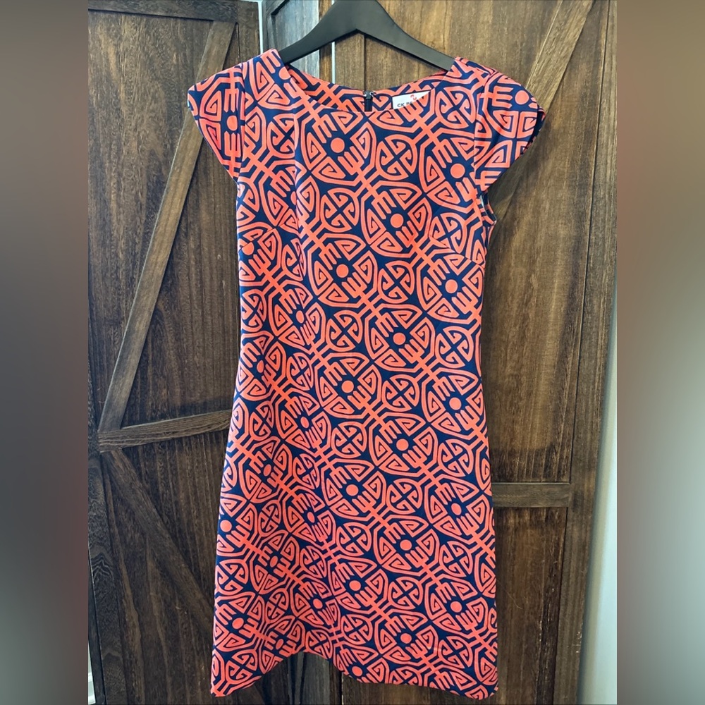 CK Bradley Coral Blue Sheath Dress Small Cap Sleeve Career Geometric Travel Mod